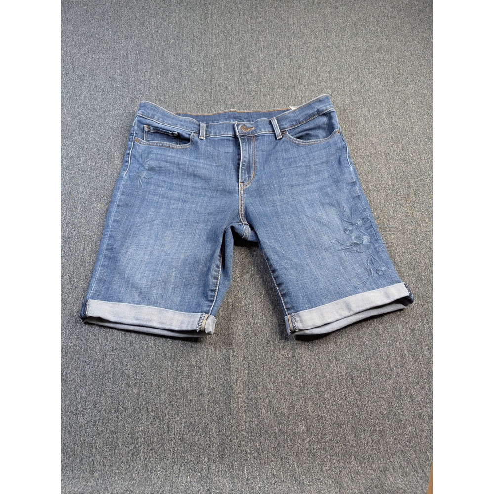 Levis Womens Blue Denim Bermuda Shorts Floral Embroidered Cuffed Size 32